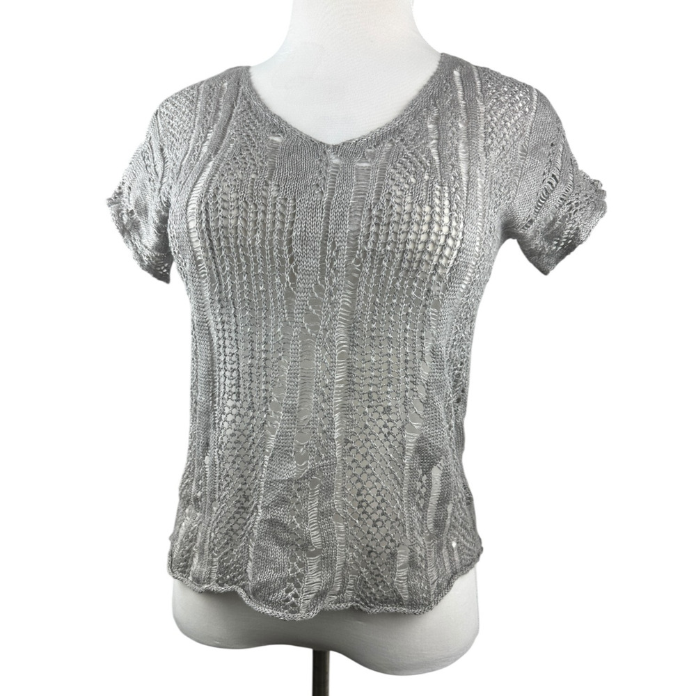 Eileen Fisher Open Knit V-Neck Short Sleeve Sweater Linen Metallic PP Petite Top - Picture 4 of 16
